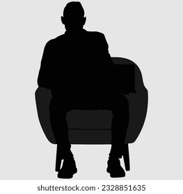 Adult Business Boy Sitting on Sofa and Working with Laptop in Stylish Silhouettes