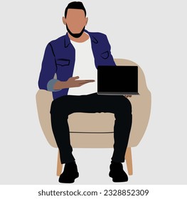 Adult Business Boy Sitting on Sofa and Working with Laptop in a Captivating Portrait