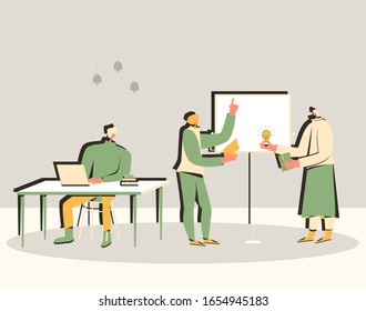Adult business education prosess with small group. Students and teacher have a workshop. Couching session. Vector flat illustration.