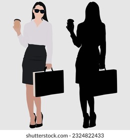 Adult Business Girl with Bag and Coffee, Going On in Style.