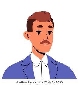 Adult business man with mustache avatar. Portrait of person in suit for user profile. Male face with moustache, head of office worker, employee. Flat isolated vector illustration on white background