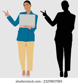 Adult Business Woman Engaged in Work, Explaining Business Topics with Laptop in a Captivating Portrait and Silhouette.
