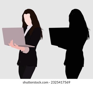 Adult Business Woman in Laptop Work Mode, Portrait, and Silhouettes