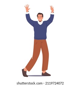 Adult Businessman in Casual Clothes Waving Hands. Happy Man Positive Emotions, Male Character Wearing Blue Sweater and Brown Pants Isolated on White Background. Cartoon People Vector Illustration