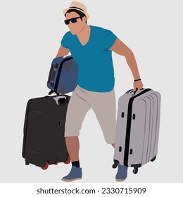 Adult Businessman Embarking on an Airport Journey with Multiple Suitcases and Passport, person with suitcase.