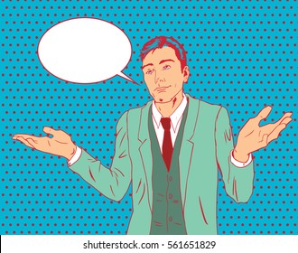 Adult businessperson in green suit throws up his hands with crooked smile. Speech bubble copyspace and halftone background. Stock vector pop art illustration.