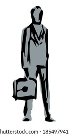 Adult busy diplomat service member suit guy avatar logo emblem concept. Outline black ink pen hand drawn simple flat admin hold bag network ui web design retro art doodle style white paper text space