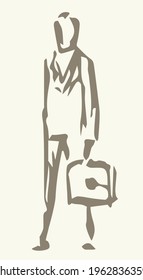 Adult Busy Diplomat Service Member Suit Guy Avatar Logo Emblem Concept. Outline Black Ink Pen Hand Drawn Simple Flat Admin Hold Bag Network Ui Web Design Retro Art Doodle Style White Paper Text Space