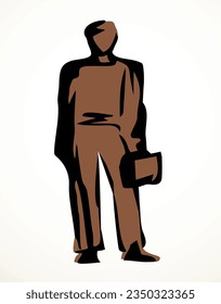 Adult busy service lawyer member suit guy avatar body pose view logo emblem concept. Outline black ink pen hand drawn flat hold bag wait ui web design old retro art doodle style white paper text space