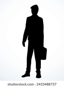 Adult busy service lawyer member suit guy avatar body pose view logo emblem concept. Outline black ink pen hand drawn flat hold bag wait ui web design old retro art doodle style white paper text space