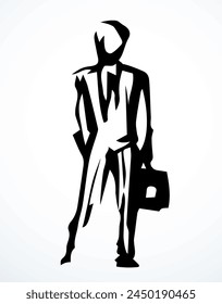 Adult busy service lawyer member suit guy avatar body pose view logo emblem concept. Outline black ink pen hand drawn flat hold bag wait ui web design old retro art doodle style white paper text space