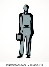 Adult busy service lawyer member suit guy avatar body pose view logo emblem concept. Outline black ink pen hand drawn flat hold bag wait ui web design old retro art doodle style white paper text space