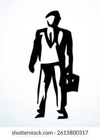 Adult busy service lawyer member suit guy avatar body pose view logo emblem concept. Outline black ink pen hand drawn flat hold bag wait ui web design old retro art doodle style white paper text space