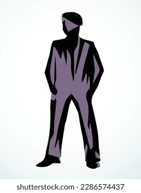 Adult busy service member guy avatar arm hip body pose view logo emblem concept. Outline black ink pen hand drawn flat admin wait network ui web design modern art doodle style white paper text space