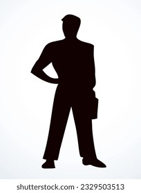 Adult busy service member guy avatar arm hip body pose view logo emblem concept. Outline black ink pen hand drawn flat admin wait network ui web design modern art doodle style white paper text space