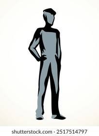 Adult busy service member guy avatar arm hip body pose view logo emblem concept. Outline black ink pen hand drawn flat admin wait network ui web design modern art doodle style white paper text space