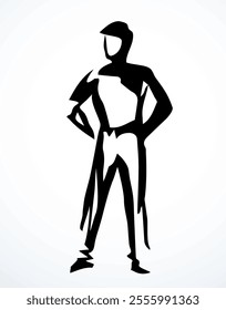 Adult busy service member guy avatar arm hip body pose view logo emblem concept. Outline black ink pen hand drawn flat admin wait network ui web design modern art doodle style white paper text space