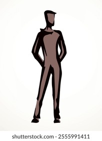 Adult busy service member guy avatar arm hip body pose view logo emblem concept. Outline black ink pen hand drawn flat admin wait network ui web design modern art doodle style white paper text space