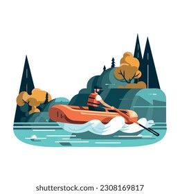 Adult canoeing, smiling on journey icon isolated
