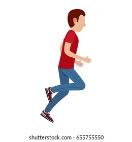Adult cartoon male character in red T-shirt, sports trousers and sneakers runs away isolated vector illustration on white background.