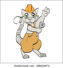 Adult cat master in overalls with a wrench vector worker in a yellow hard hat builder