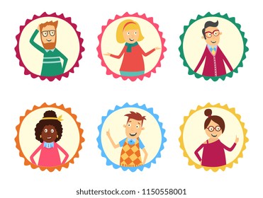 Adult caucasian, african women, men in circle frames thinking portraits icon set. Vector male characters scretching head, spreading hands, female characters coming up with idea, holding hands on weist