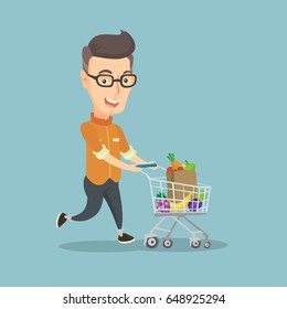 Adult caucasian man pushing a shopping cart with some products in it. Happy man running with a shopping trolley full of purchases. Concept of shopping. Vector flat design illustration. Square layout.