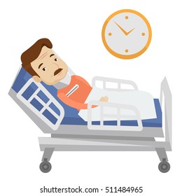 An adult caucasian man wearing cervical collar and suffering from neck pain. Patient with injured neck lying in bed. Man with neck brace. Vector flat design illustration isolated on white background. svg