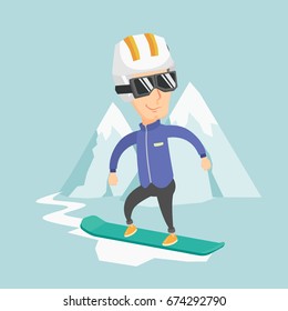 Adult caucasian sportsman snowboarding on the background of snow capped mountains. Snowboarder snowboarding on the piste in the mountains. Vector flat design illustration. Square layout.