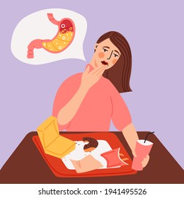 Adult character suffering from gastritis, overeating junk food flat cartoon illustration. Unhealthy eating disorders banner design. Burning, ache, pain after lunch background