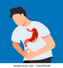 Adult character suffering from gastritis, overeating junk food flat cartoon illustration. Unhealthy eating disorders banner design. Burning, ache, pain after lunch background