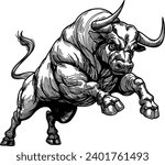 adult charging bull, vector monochrome line drawing