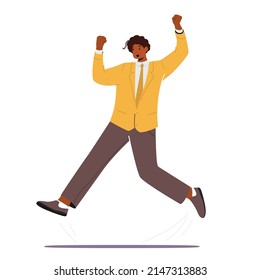 Adult Cheerful Office Employee Man in Formal Clothes Jump with Raised Hands. Happy Male Character Wearing Suit Celebrate Victory, Win Isolated on White Background. Cartoon People Vector Illustration