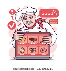 Adult chef standing near laptop, ordering food. Funny colored cartoon characters making purchases of goods via Internet. Shopaholic people and ecommerce business. Vector in white and red colors