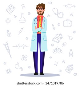 Adult chief doctor administrator male man. Vector flat illustration color on white background with cardiology, surgery tools object icons: heart cardiogram, pills, stethoscope, medical prescription