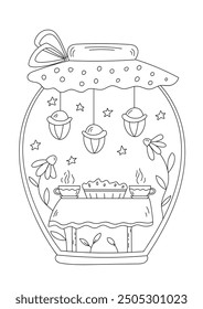 Adult And Child Coloring Features Magical Jar With Tea And Pie On Table, Surrounded By Lanterns