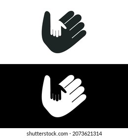 Adult and child hand logo. Parent and child palm icon. Orphanage sign. Adoption symbol. Father or mother care vector illustration design