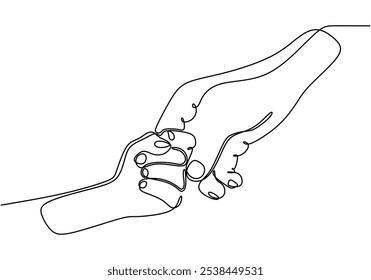 Adult and child hands depicted in continuous one line drawing. Parenting and family symbol concept.