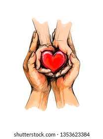 Adult and child hands holding red heart, health care, donate, world heart day, world health day, Happy Mother s day, valentine s day love