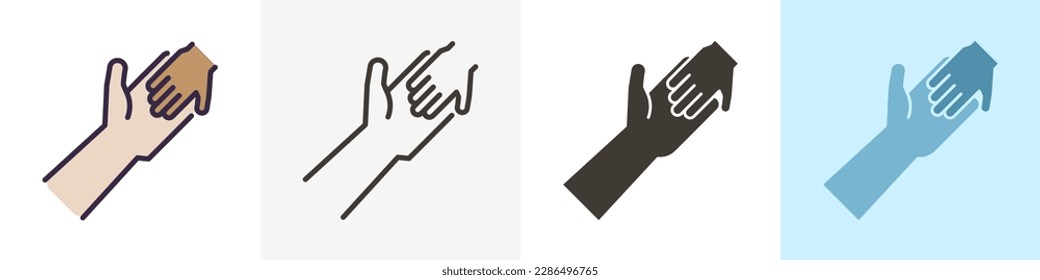 adult and child holding hands icon. Vector graphic elements illustrations in different styles. Humanitarian help, adopting a child, family ties, child poverty awareness, social issues, charity 