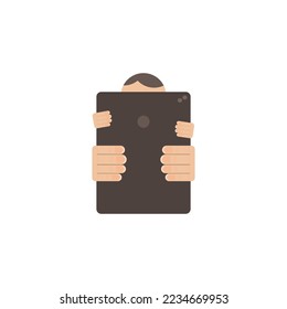 adult and child together hold a tablet in their hands, two hands holding black tablet and navigating in web, vector illustration created in flat