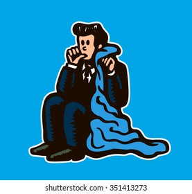 Adult Childish Man In Businessman Suit Sucking Thumb With Security Blanket Or Comfort Object To Handle Trauma, Anxiety, Fear, Shock