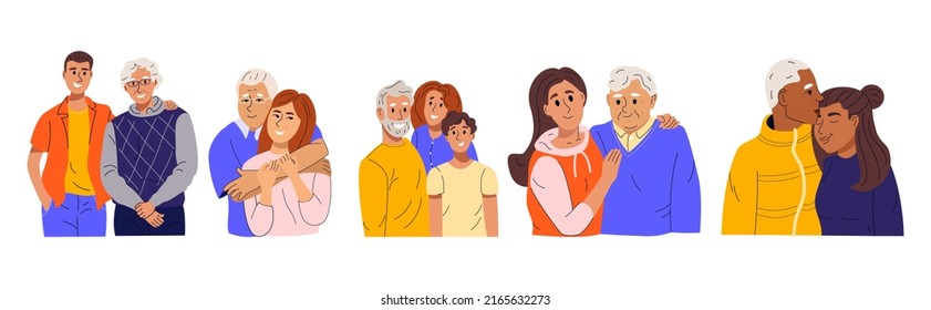 Adult children caring about old aged fathers set. Sons and daughters supporting, hugging with mature dads. Flat cartoon  vector illustration isolated on white background 