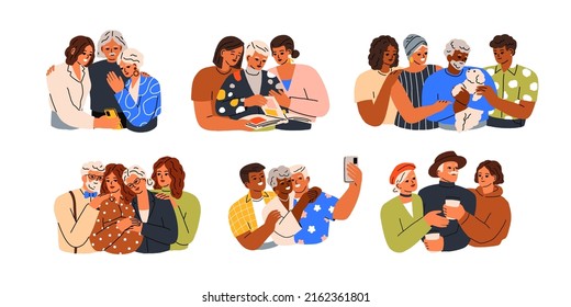 Adult children caring about senior parents set. Sons and daughters supporting, spending time, hugging with old aged mothers, fathers. Flat graphic vector illustration isolated on white background