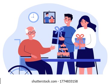 Adult children celebrating birthday of his senior father. Gift, cake, love flat vector illustration. Family and celebration concept for banner, website design or landing web page