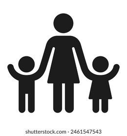 Adult with children figure silhouette icon. Woman holding hands of boy and girl. One parent family or preschool teacher. Vector symbol.