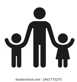 Erwachsene mit Kindern Figur Silhouette Symbol. Mann mit Händen von Jungen und Mädchen. Eine Elternfamilie oder Vorschullehrer. Vektorgrafik.