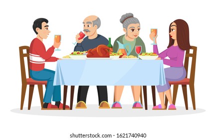 Adult Children Getting To Know With Parents Of His Or Her Chosen One. Friendly Family Celebrating Holidays At Home, Eating Treats. Engaged Young Couple. Vector Cartoon Illustration Isolated On White.