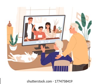 Adult Children And Grandchildren Chatting With Elderly Relatives Vector Flat Illustration. Aged Man And Woman Talking Making Online Video Call Use Computer Isolated. Family Web Communication