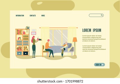 Adult Children with Grandson Help Elderly Parent. Relative Gathered in Elderly Man’s Bedroom, Son Sitting next to Bed, and Small Grandson Standing. Grandfather Lie in Bed by Window, on Shelf Lot Book.